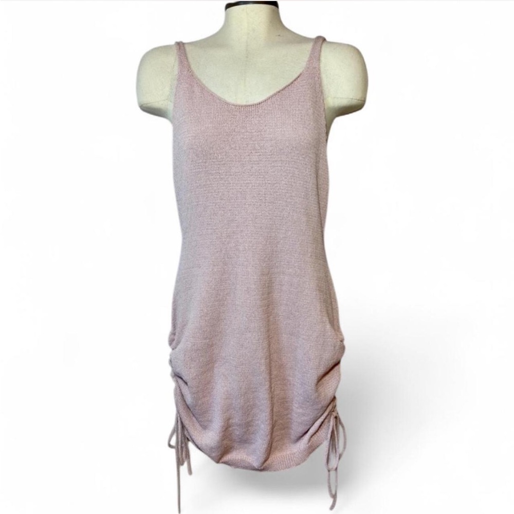 Blush Pink Ruched Drawstring Mini Dress Size L Adjustable Side Tie Bodycon